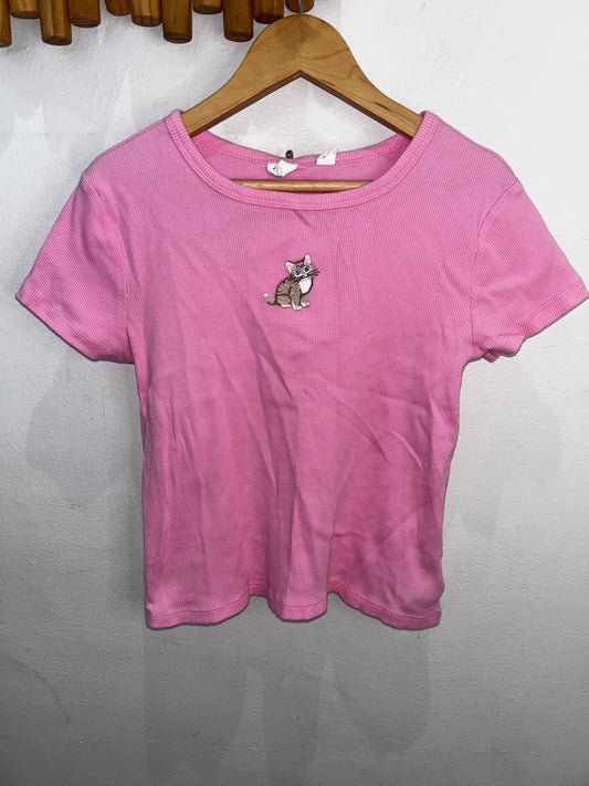 Pink cat ribbed tee 12y