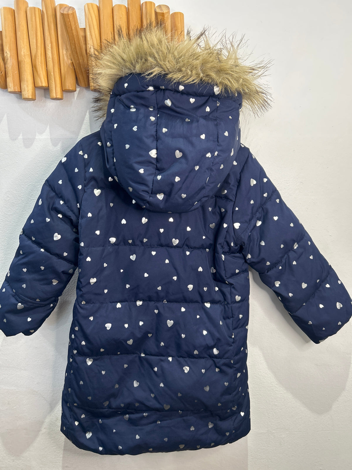 Primaloft long blue winter jacket with hearts 5y