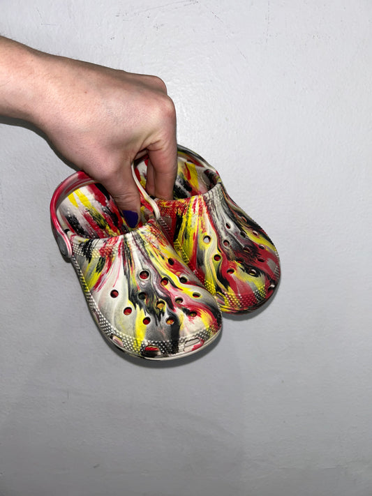 C11 red marbled Crocs