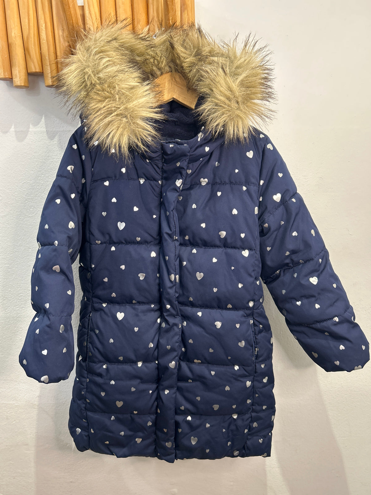 Primaloft long blue winter jacket with hearts 5y