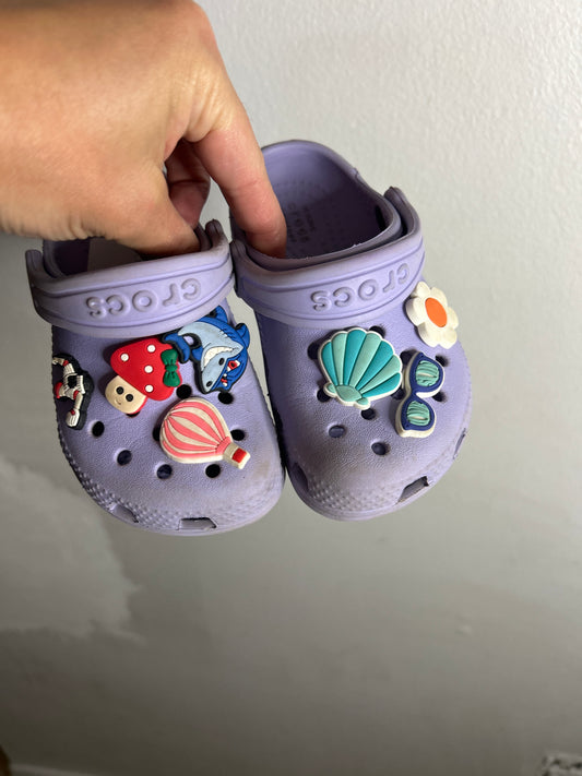C7 lilac Crocs with Jibbitz