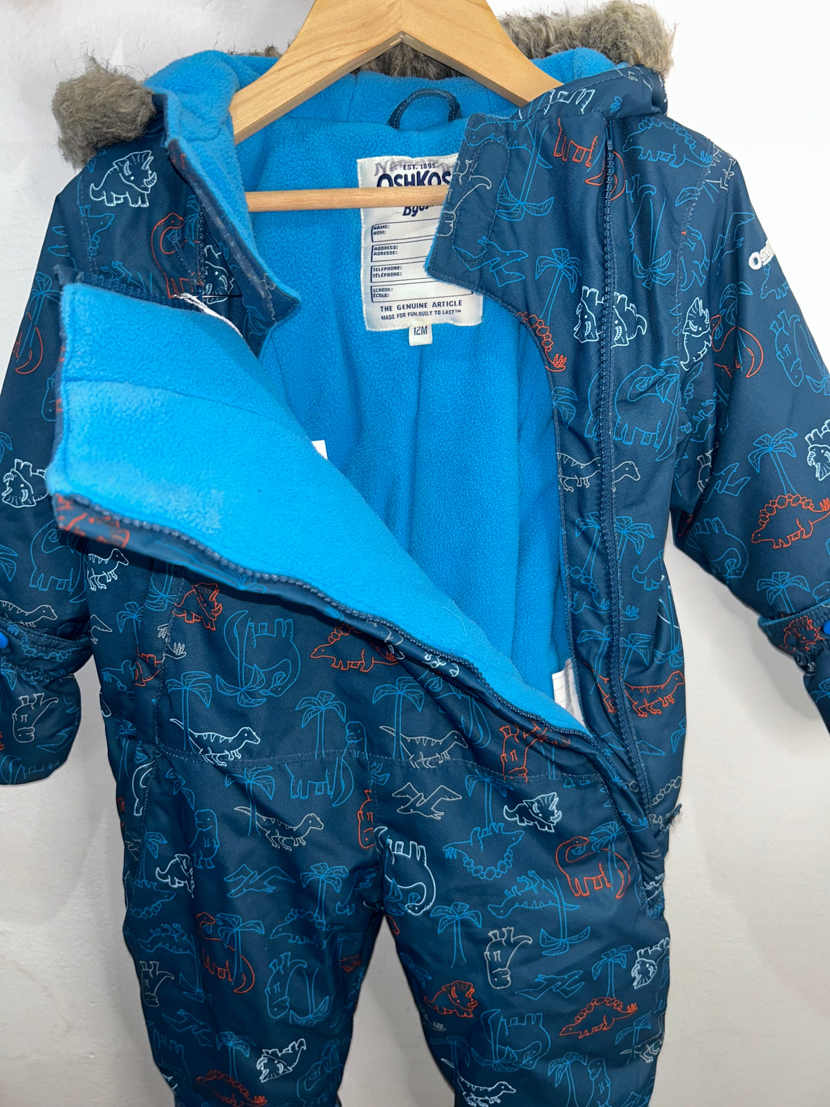 Teal dinos snowsuit 12m