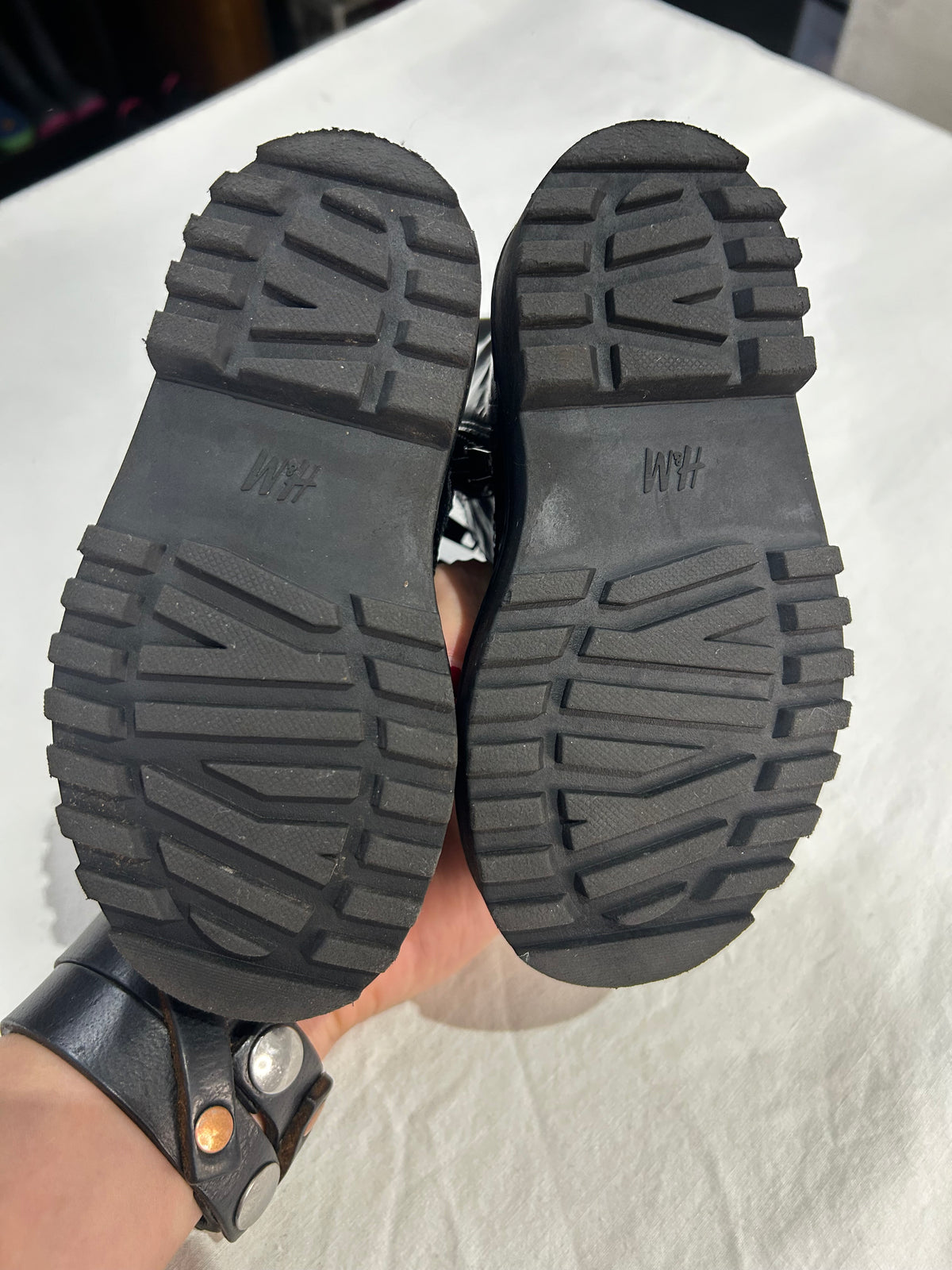 C9 black patent combat boots