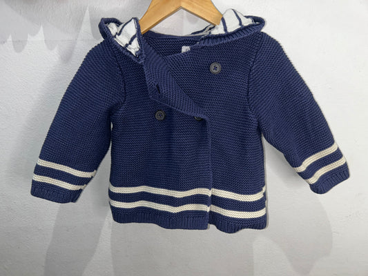 Blue square knit cardigan with white trim 6-12m