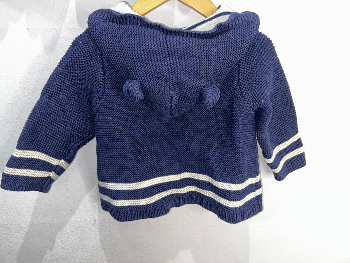 Blue square knit cardigan with white trim 6-12m