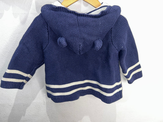 Blue square knit cardigan with white trim 6-12m