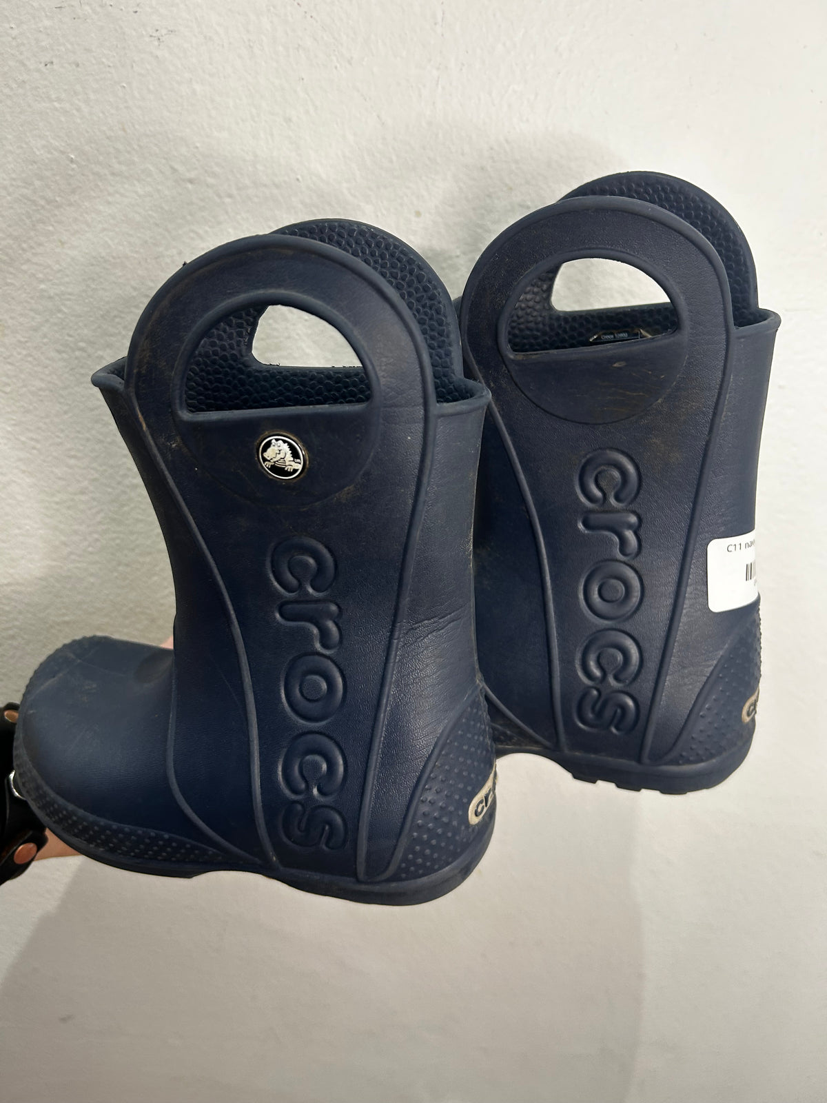 C11 navy Crocs rainboots