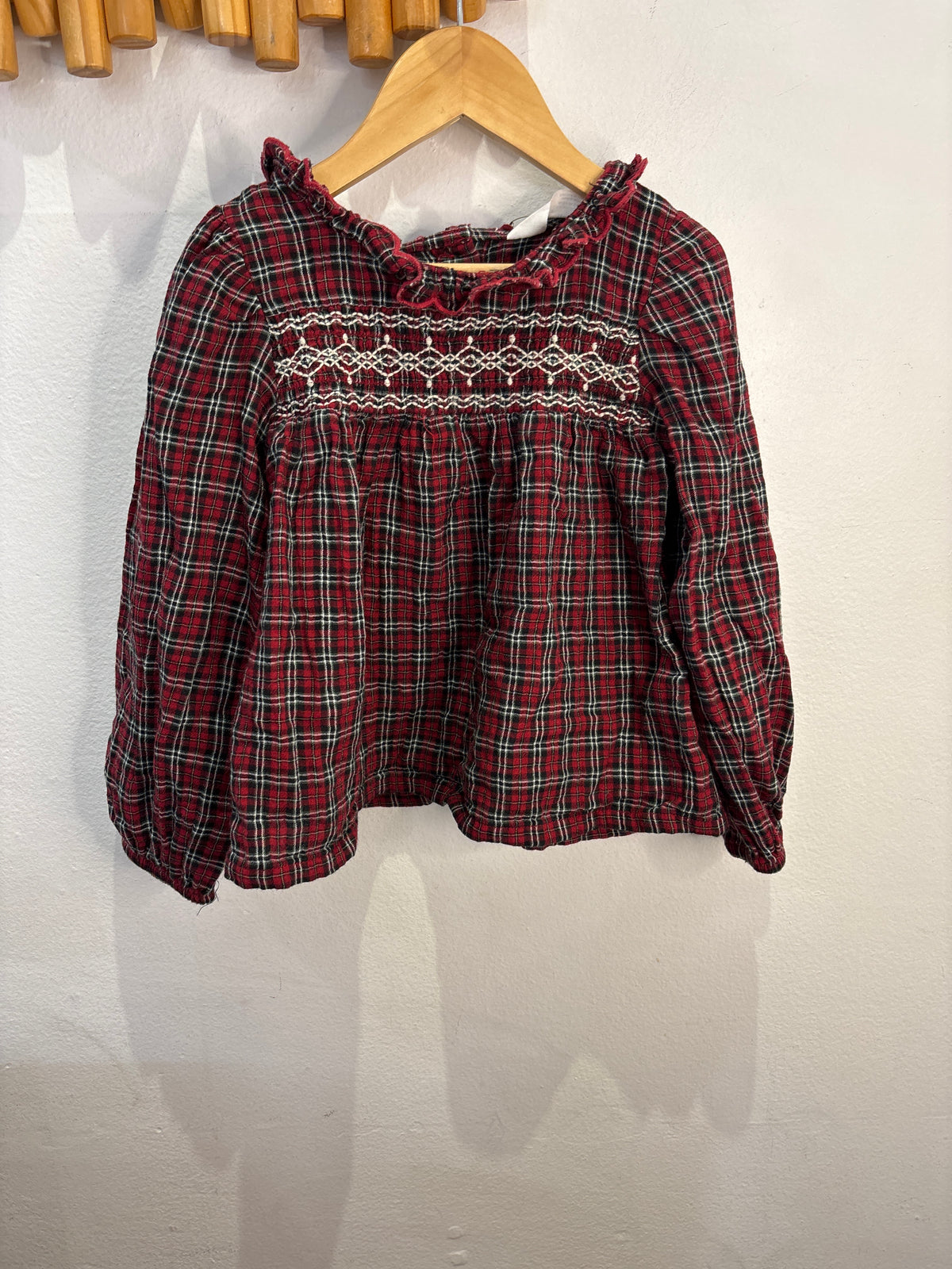 Red checkered smocked blouse 5-6y